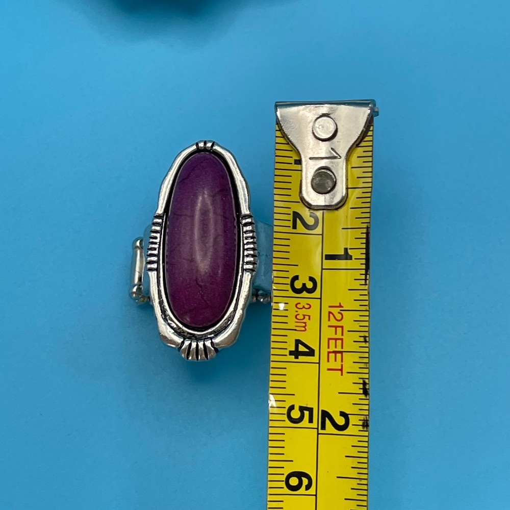 Purple Teardrop Silver Tone Stretch Ring Southwestern Boho Festival Cowgirl - Picture 5 of 5